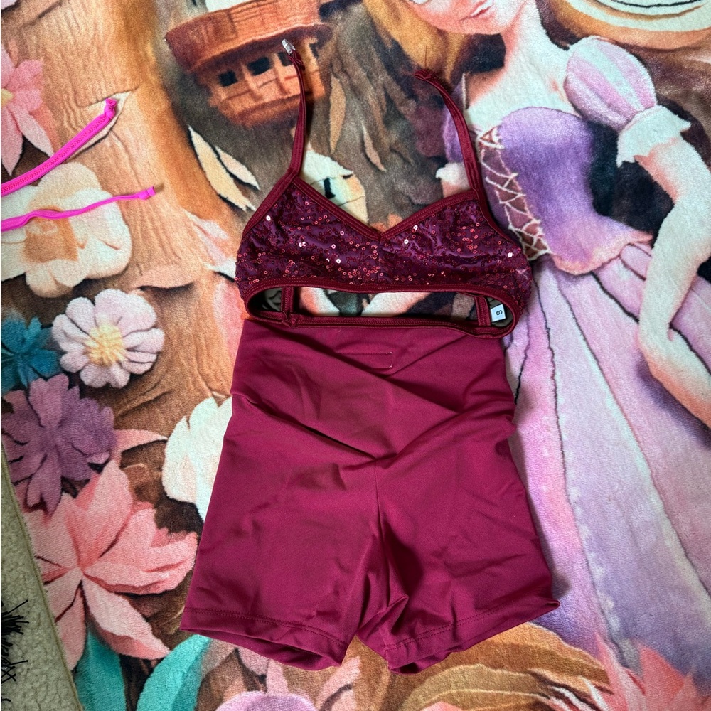 Chelsea B burgandy kids dance wear.
